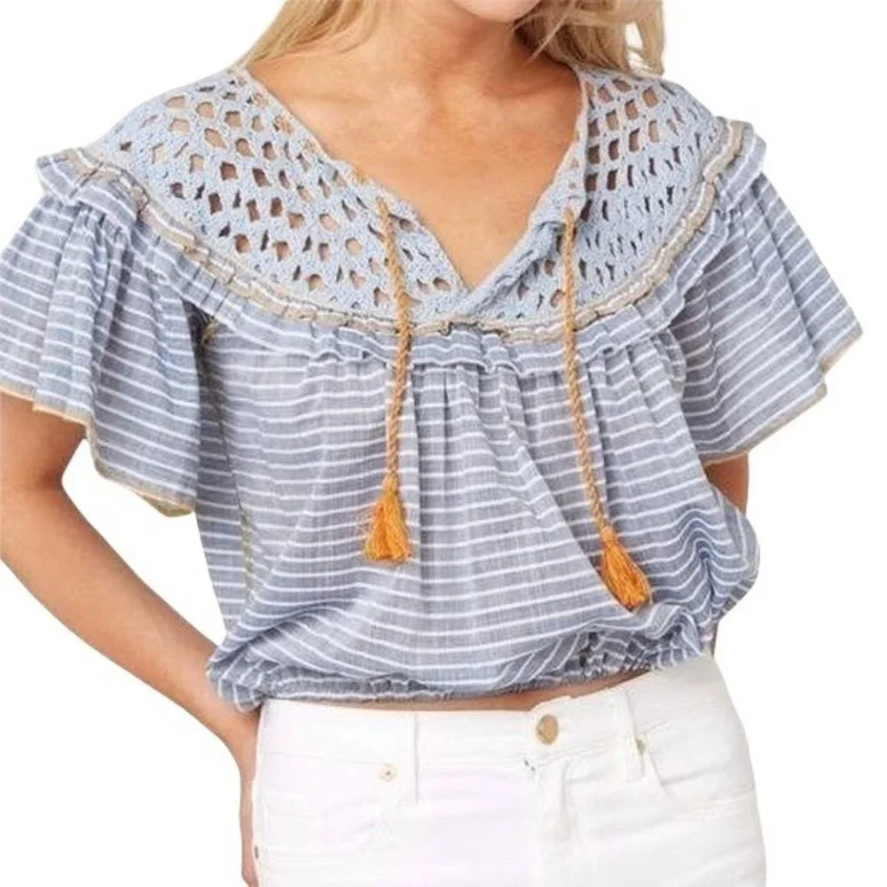 Free People Allora Blouse Size Small Crochet Neckline Striped Blue Orange New